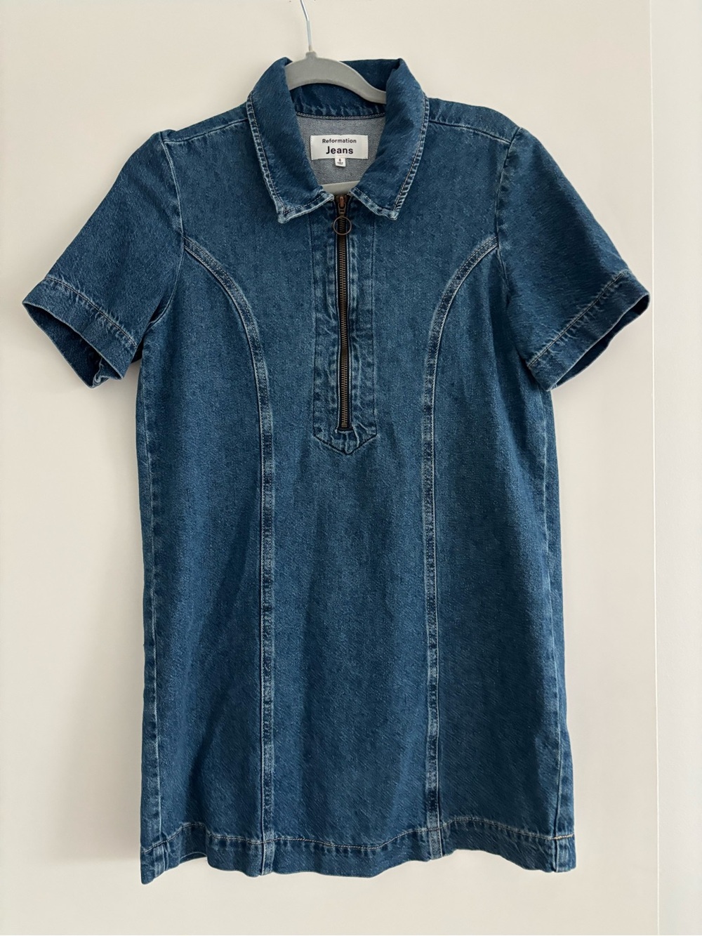 Reformation Blue Denim Zip-Front Dress